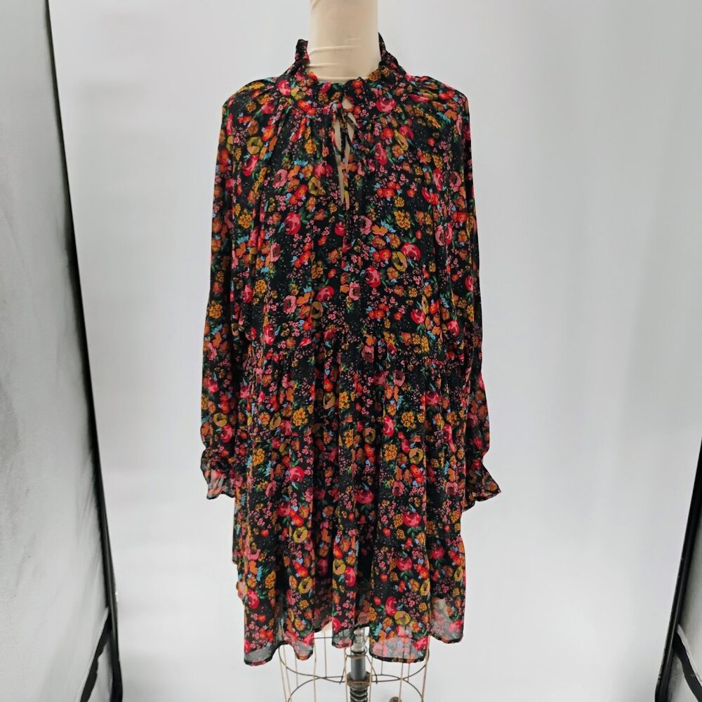 Vici Black Floral Tie-Neck Long Sleeve Mini Dress